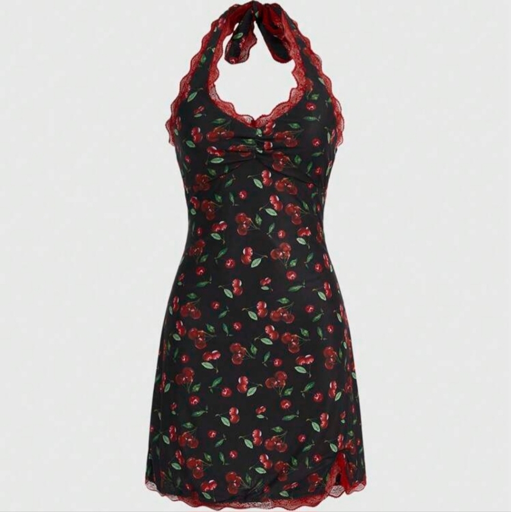 Romwe | Kawaii Cherry Print Lace Halter Neck Dress - XL